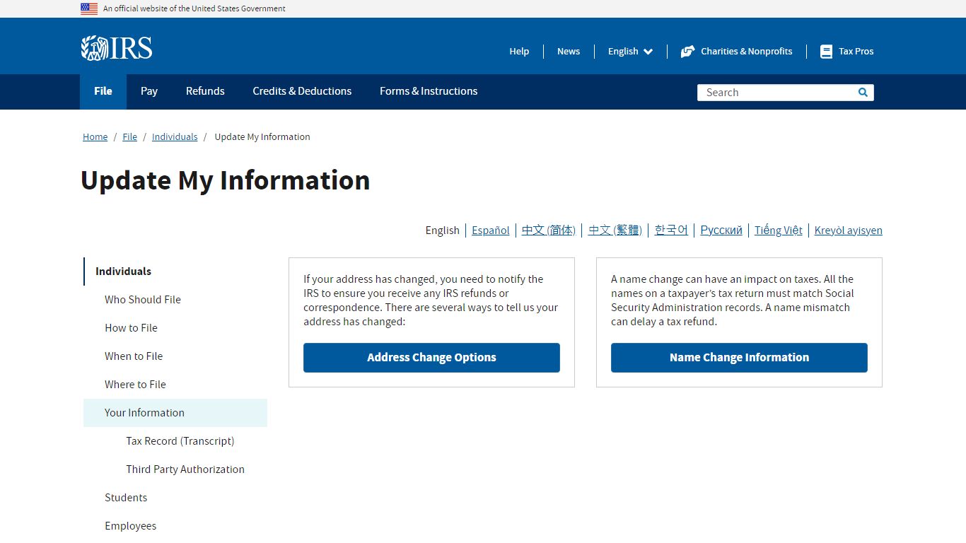 Update My Information | Internal Revenue Service - IRS tax forms